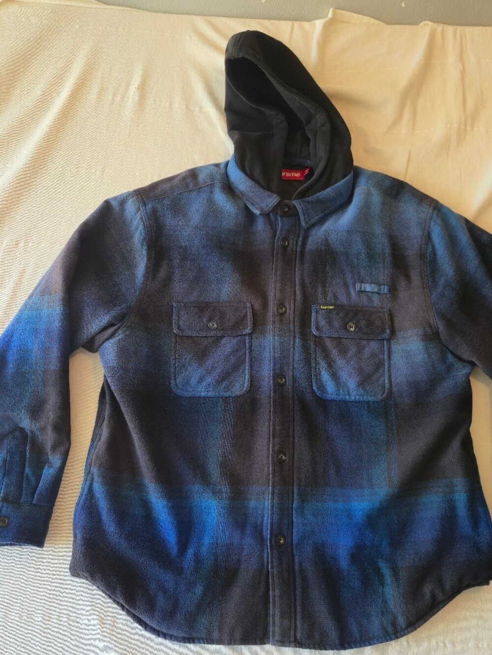 Supreme 2025 Quilted Lined Hooded Flannel Shirt Jacket Blue Black Plaid Large